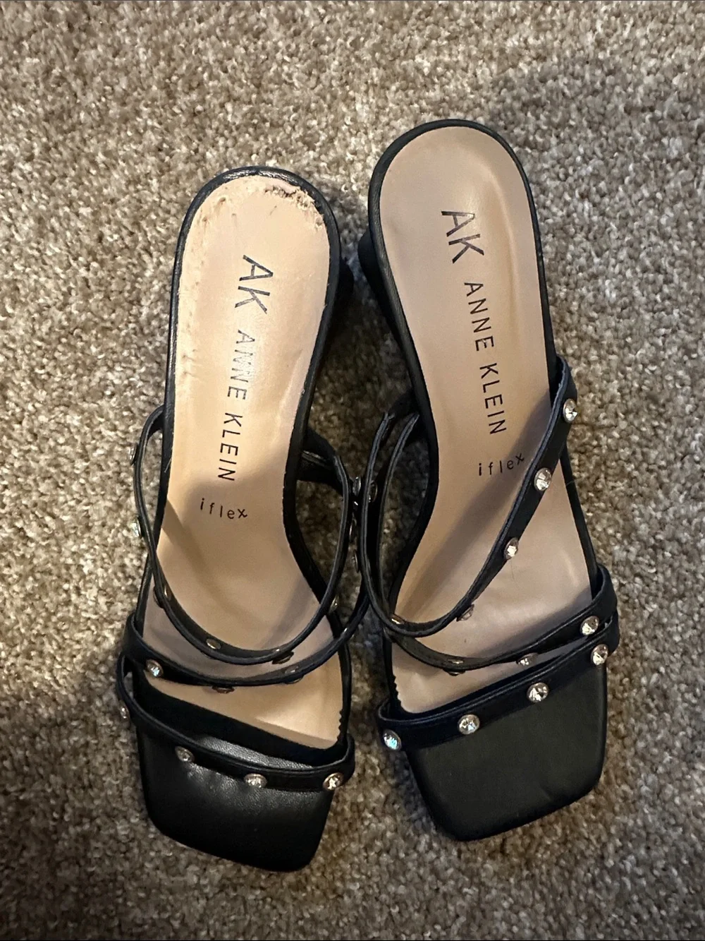 Anne Klein Black Crystal-Stud Strappy Heeled Sandals